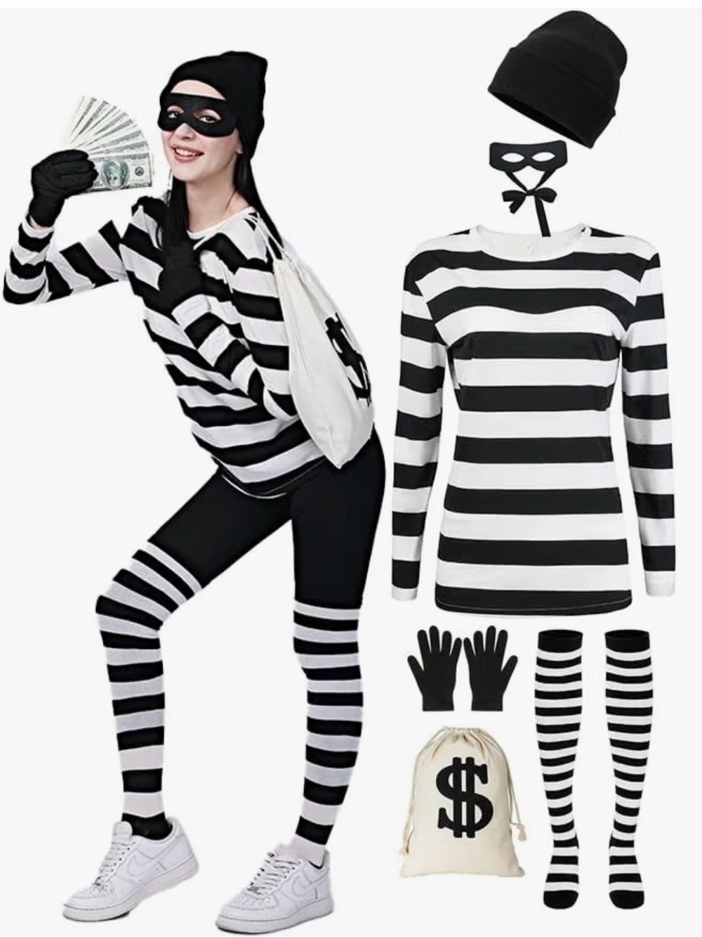 Women’s Black and White Striped Burglar Halloween Costume